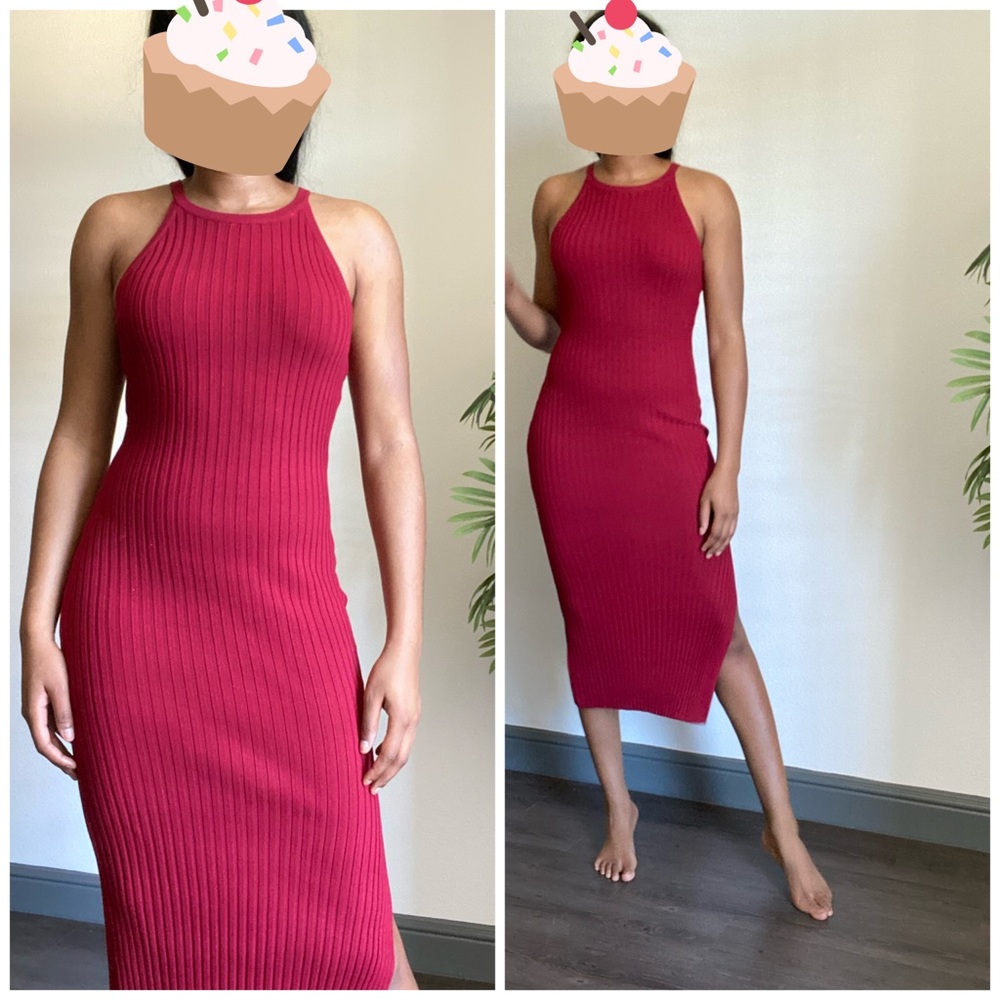 Red ribbed halter maxi/midi dress with side slit